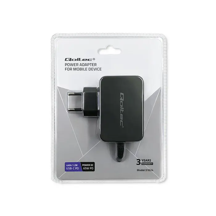 Qoltec 51024 Charger | 65W | 5-20V | 3-3.25A | USB type C | PD | Black