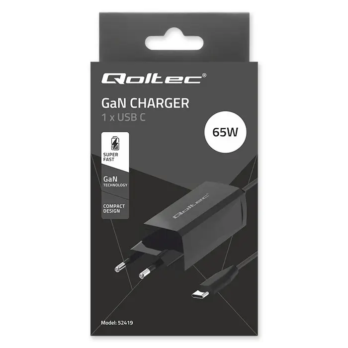 Qoltec 52419 65W GaN Super Fast Charger| 5-20V | 3-3.25A | USB-C 3.1