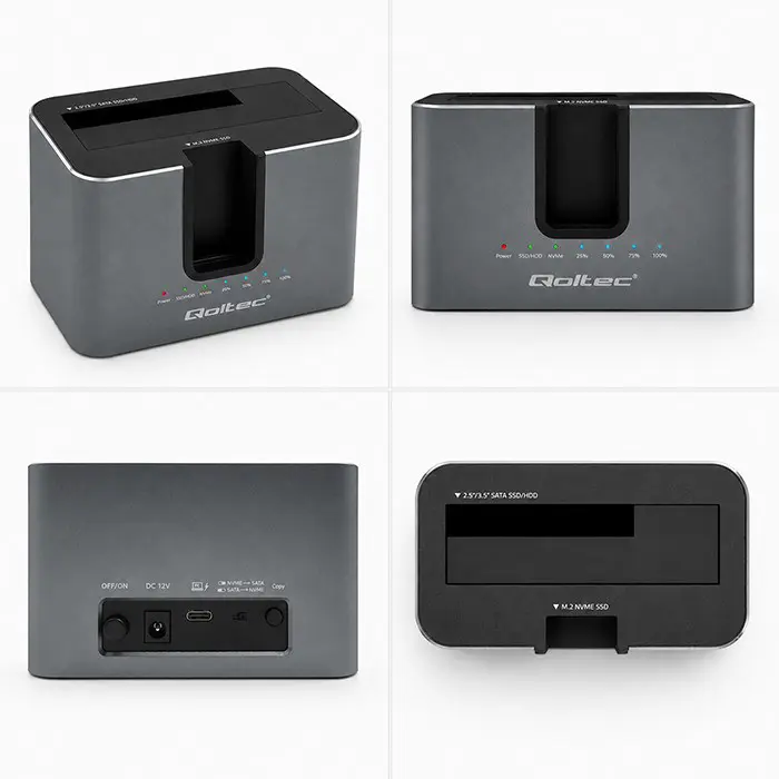 Qoltec 52631 HDD SSD doscking station | SATA | M.2 NVMe | cloning | USB-C | 10Gb/s | 28TB