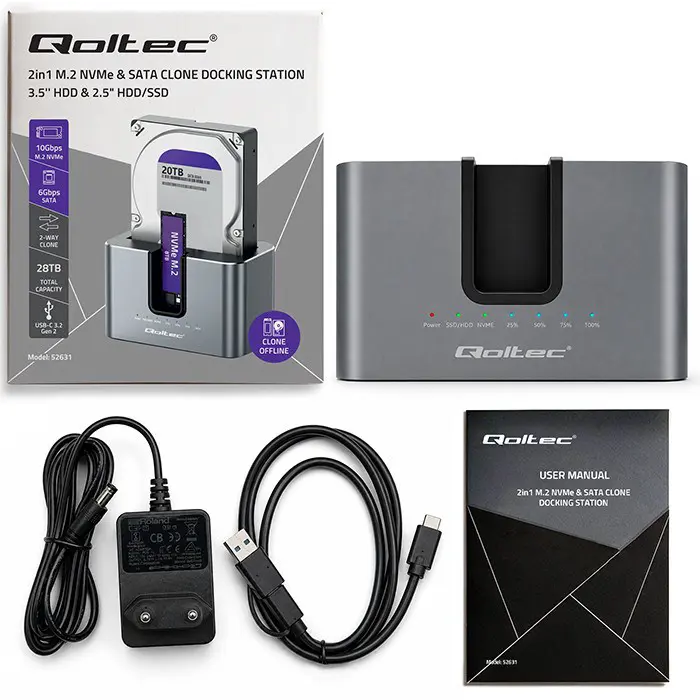 Qoltec 52631 HDD SSD doscking station | SATA | M.2 NVMe | cloning | USB-C | 10Gb/s | 28TB