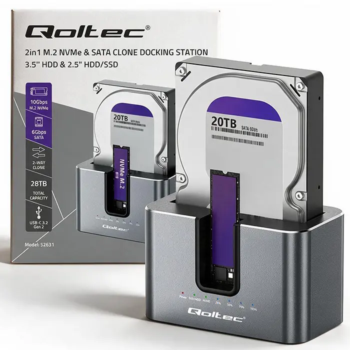 Qoltec 52631 HDD SSD doscking station | SATA | M.2 NVMe | cloning | USB-C | 10Gb/s | 28TB