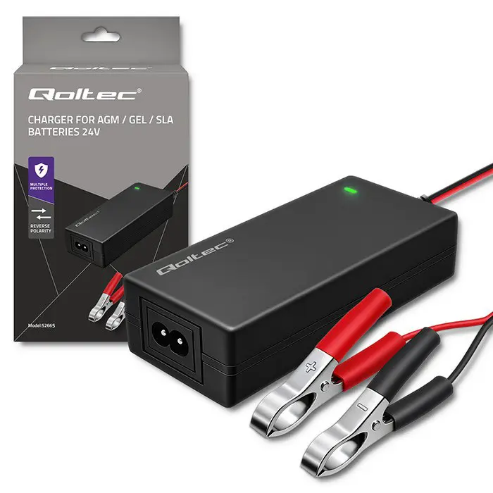 Qoltec 52665 Automatic charger for AGM GEL STD batteries | 24V charger | 2A | 48W | LED | 1.8m cable