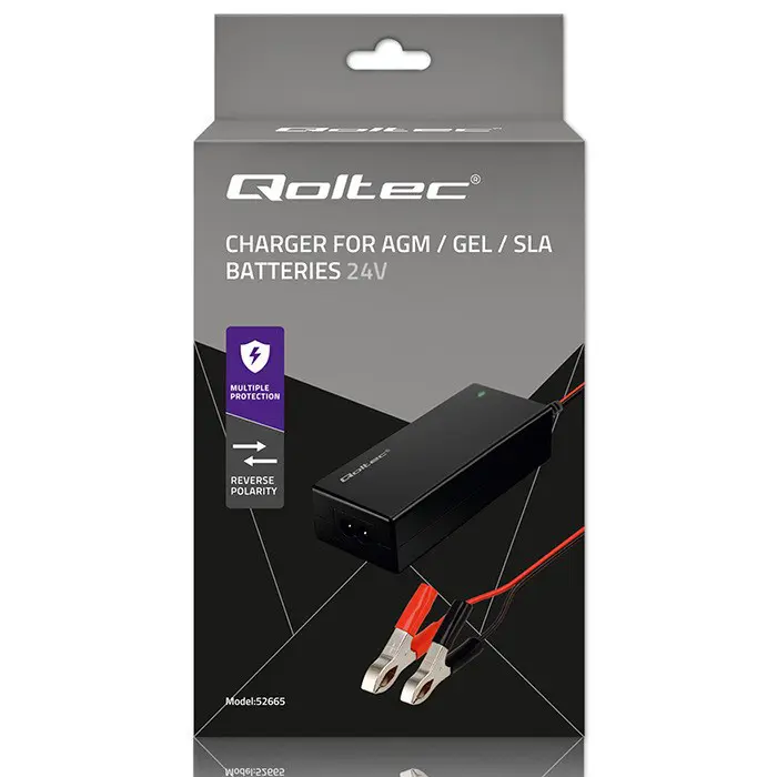 Qoltec 52665 Automatic charger for AGM GEL STD batteries | 24V charger | 2A | 48W | LED | 1.8m cable