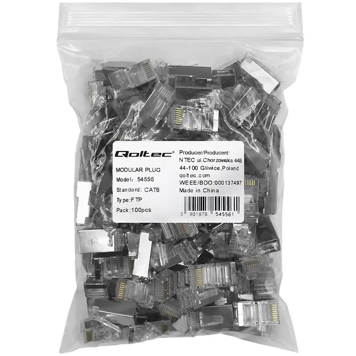 Qoltec 54556 RJ45 modular connector | CAT6 | FTP |Gold-plated contacts | 100 pieces