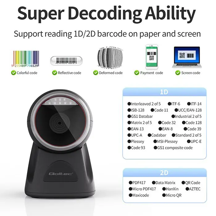 Qoltec Desktop Precision Reader 1D Barcode & QR Scanner | 2D