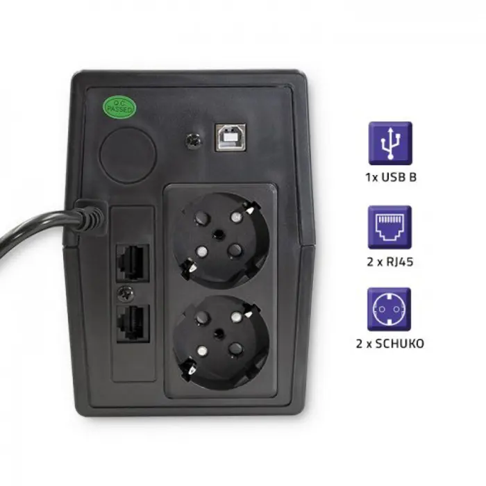 Qoltec Monolith uninterruptible power supply (UPS) Double-conversion (Online) 0.65 kVA 360 W 2 AC outlet(s)