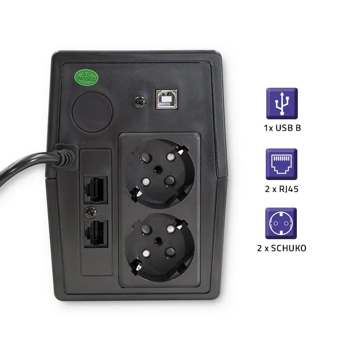 Qoltec Monolith uninterruptible power supply (UPS) Double-conversion (Online) 0.65 kVA 360 W 2 AC outlet(s)