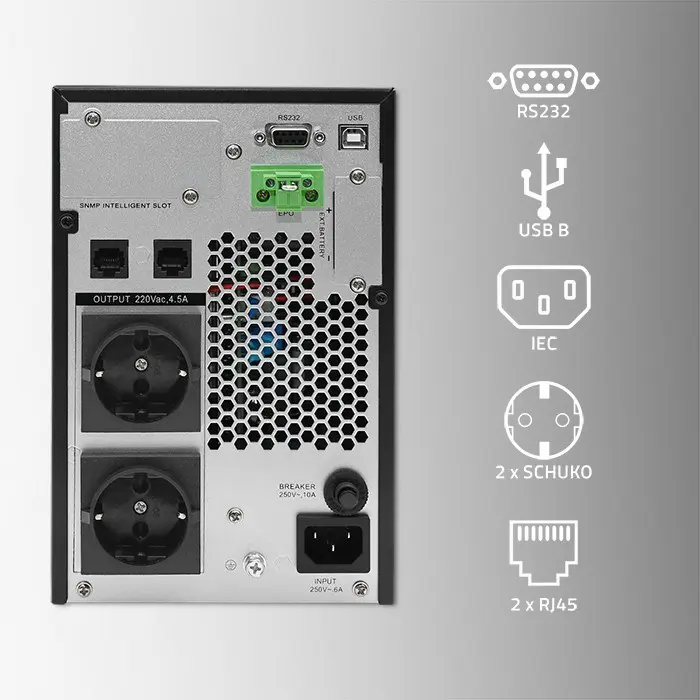 Qoltec Uninterruptible Power Supply (UPS) | 1kVA | 1000W | Power Factor 1.0 | LCD | EPO | USB | Online