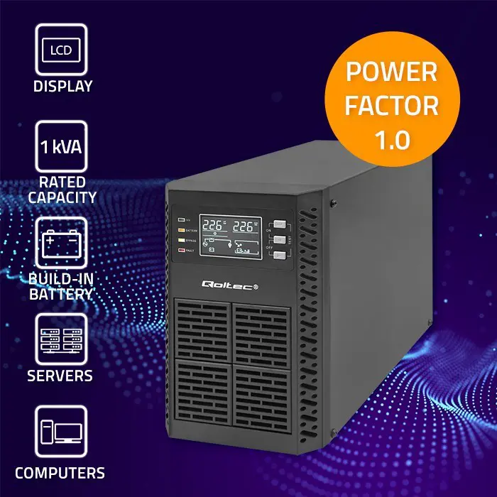 Qoltec Uninterruptible Power Supply (UPS) | 1kVA | 1000W | Power Factor 1.0 | LCD | EPO | USB | Online