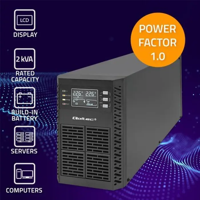 Qoltec Uninterruptible Power Supply (UPS) | 2kVA | 2000W | Power Factor 1.0 | LCD | EPO | USB | Online