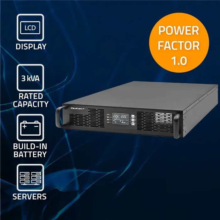 Qoltec Uninterruptible Power Supply (UPS) for RACK | 3kVA | 3000W | Power Factor 1.0 | LCD | EPO | USB | Online