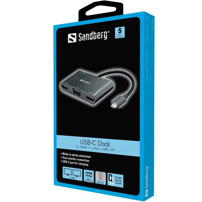 Sandberg USB-C Dock 2xHDMI + 1xVGA + USB + PD docking docking station