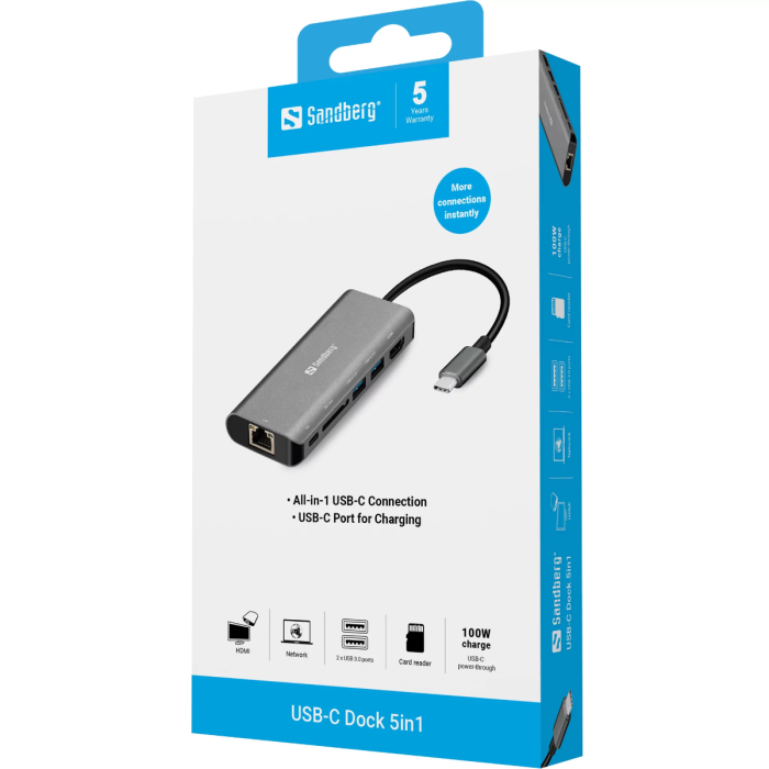 Sandberg USB-C Dock HDMI + LAN + SD + USB, 61W