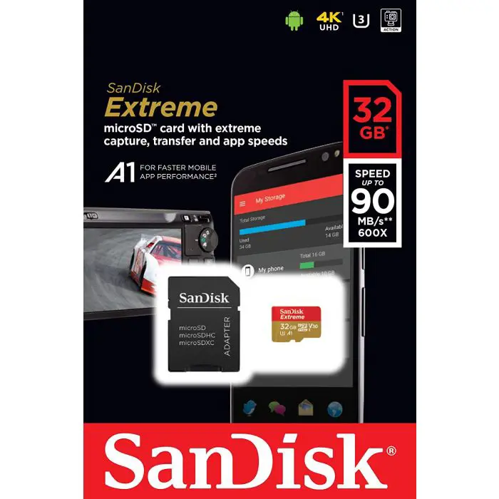 SanDisk 32GB Extreme Micro SDHC A1 CL10 V30 UHS-I U3 100MB / s Mobile memory card + adapter