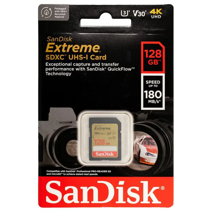 SanDisk Extreme 128GB SDXC memory card + 1 year RescuePRO Deluxe up to 180MB/s & 90MB/s read/write, UHS-I, Class 10, U3, V30