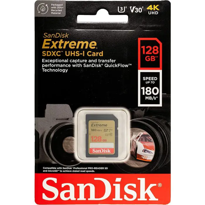 SanDisk Extreme 128GB SDXC memory card + 1 year RescuePRO Deluxe up to 180MB/s & 90MB/s read/write, UHS-I, Class 10, U3, V30