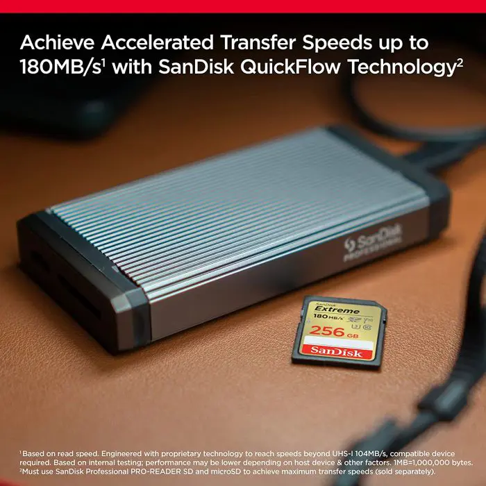 SanDisk Extreme 256GB SDXC Memory Card + 1 year RescuePRO Deluxe up to 180MB/s & 130MB/s Read/Write speeds, UHS-I, Class 10, U3, V30