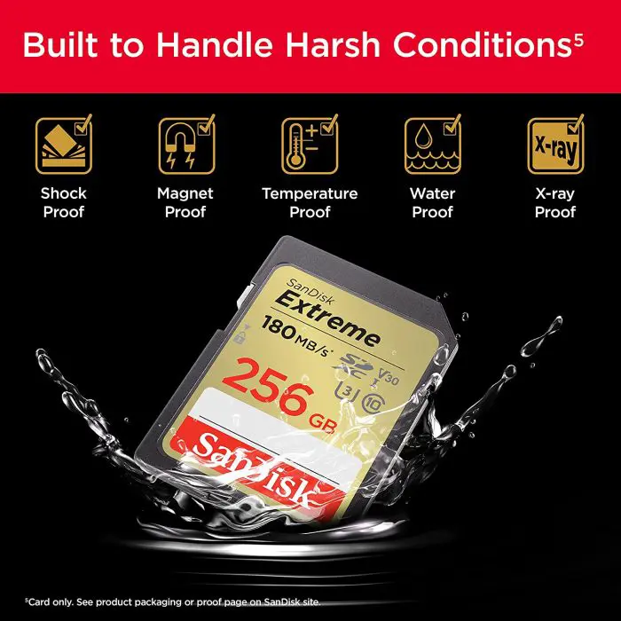 SanDisk Extreme 256GB SDXC Memory Card + 1 year RescuePRO Deluxe up to 180MB/s & 130MB/s Read/Write speeds, UHS-I, Class 10, U3, V30