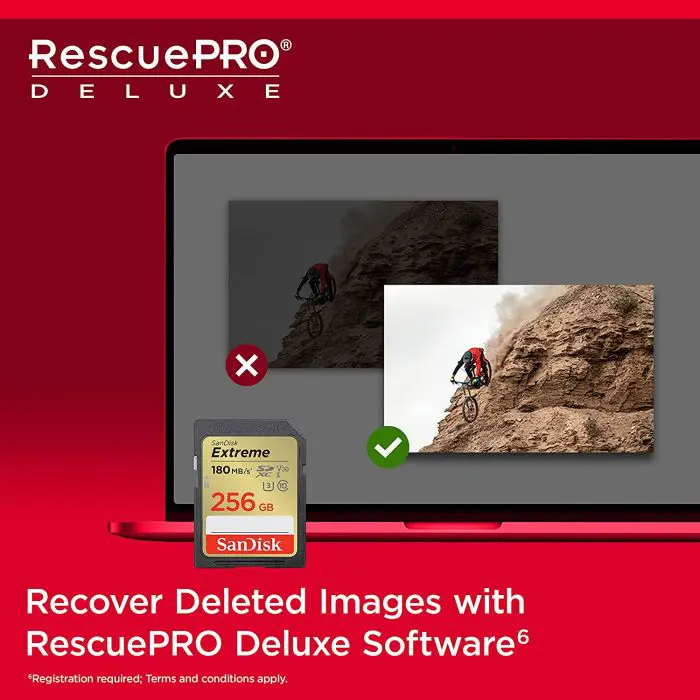 SanDisk Extreme 256GB SDXC Memory Card + 1 year RescuePRO Deluxe up to 180MB/s & 130MB/s Read/Write speeds, UHS-I, Class 10, U3, V30