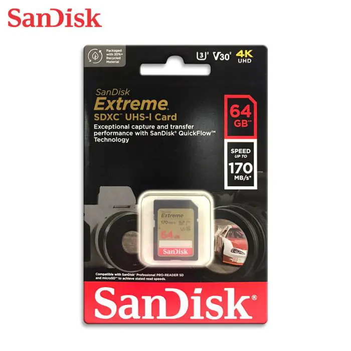 SanDisk Extreme 64GB SDXC memory card + 1 year RescuePRO Deluxe up to 170MB/s & 80MB/s read/write, UHS-I, Class 10, U3, V30