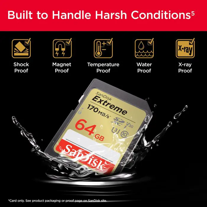 SanDisk Extreme 64GB SDXC memory card + 1 year RescuePRO Deluxe up to 170MB/s & 80MB/s read/write, UHS-I, Class 10, U3, V30
