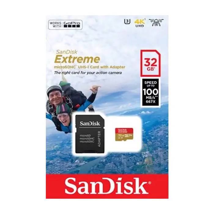 SanDisk Extreme microSDHC 32GB + SD Adapter for Action Sports Cameras - 100MB / s A1 C10 V30 UHS-I U3