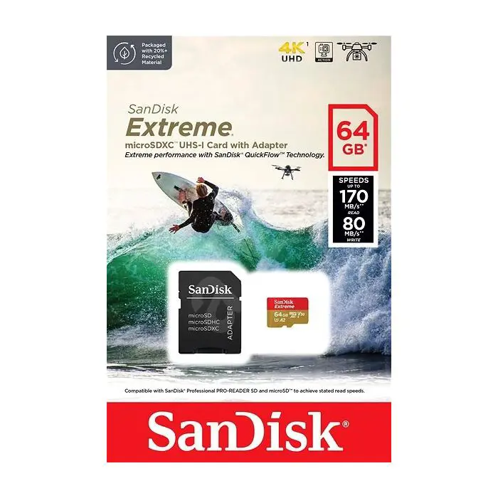 SanDisk Extreme microSDXC 64GB for Action Cams and Drones + SD Adapter 170MB/s & 80MB/s A2 C10 V30 UHS-I U3