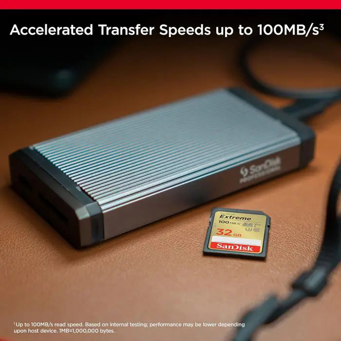 SanDisk Extreme PLUS 32GB SDHC memory card 100MB/s and 60MB/s read/write, UHS-I, Class 10, U3, V30