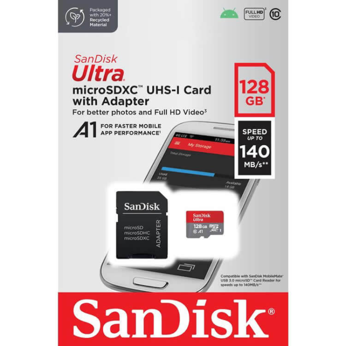 SanDisk Ultra microSDXC 128GB + SD Adapter 140MB/s A1 Class 10 UHS-I