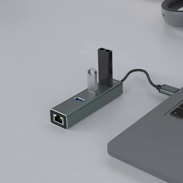 Savio AK-57 USB-A - 3 x USB-A HUB with RJ-45 Gigabit Ethernet adapter 5000 Mbit/s grey USB 3.2 Gen 1 (3.1 Gen 1) Micro-B 5000 Mbit/s