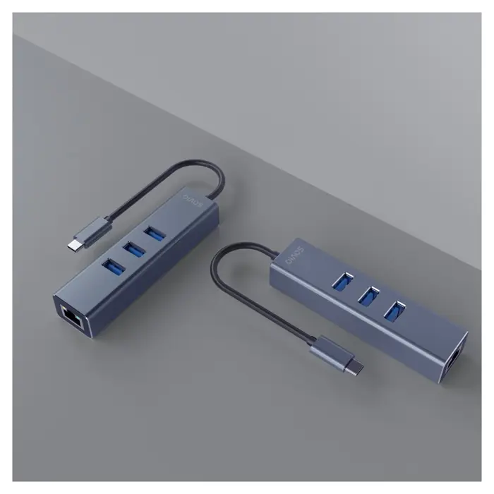 Savio AK-57 USB-C - 3 x USB-A HUB with RJ-45 Gigabit Ethernet adapter, 5000 Mbit/s, grey