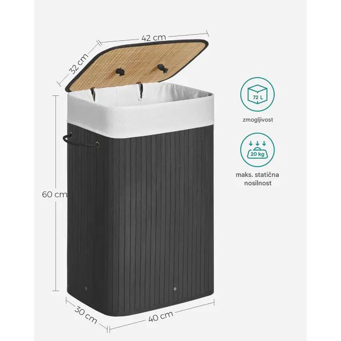 Songmics folding bamboo basket with lid - black, 72 l