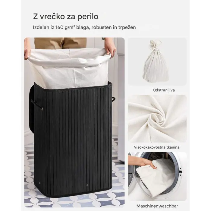 Songmics folding bamboo basket with lid - black, 72 l