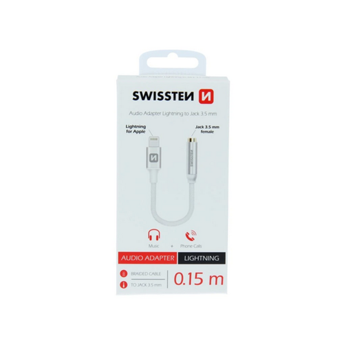 SWISSTEN audio adapter Lightning / jack 3.5 mm (female), textile braid, length 0.15 m silver