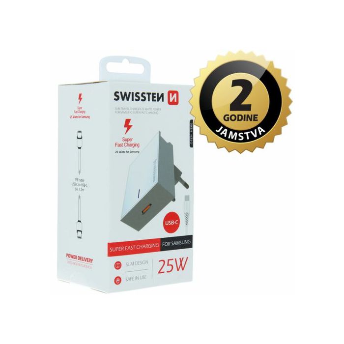 SWISSTEN punjač za AC220, Super Fast za Samsung, 25W, kabel USB-C/USB-C, bijeli