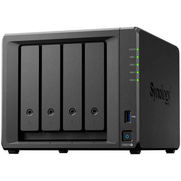 Synology DiskStation DS925+ Tower, 4-Bays 3.5 SATA HDD/SSD, 2 x M.2 2280 NVMe SSD slot, CPU AMD Ryzen V1500B 4-core 2.2 GHz, 4 GB DDR4 ECC SODIMM, 2x RJ-45 2.5 GbE LAN Port; 2x USB 3.2; 1 xUSB Type-