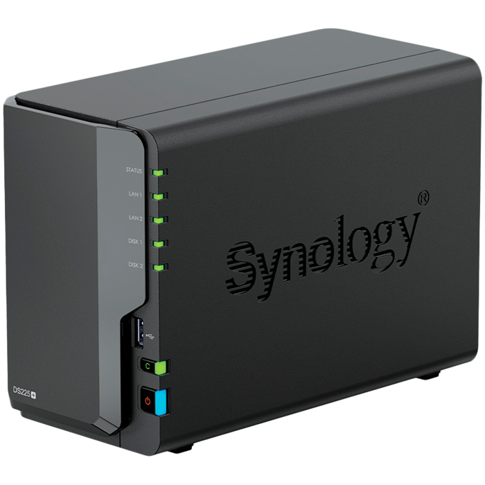 Synology DS225+, Tower, 2-bays 3.5 SATA HDD/SSD, CPU Inte Celeron J4125 4-core (4-thread) 2.0 GHz, burst up to 2.7 GHz, 2 GB DDR4 non-ECC (expandable up to 6 GB), 1xRJ-45 1GbE LAN, 1xRJ-45 2.5 GbE L