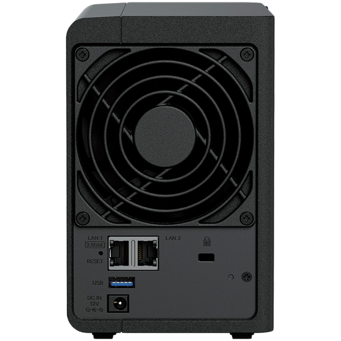 Synology DS225+, Tower, 2-bays 3.5 SATA HDD/SSD, CPU Inte Celeron J4125 4-core (4-thread) 2.0 GHz, burst up to 2.7 GHz, 2 GB DDR4 non-ECC (expandable up to 6 GB), 1xRJ-45 1GbE LAN, 1xRJ-45 2.5 GbE L