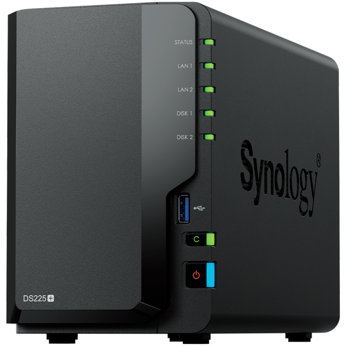 Synology DS225+, Tower, 2-bays 3.5 SATA HDD/SSD, CPU Inte Celeron J4125 4-core (4-thread) 2.0 GHz, burst up to 2.7 GHz, 2 GB DDR4 non-ECC (expandable up to 6 GB), 1xRJ-45 1GbE LAN, 1xRJ-45 2.5 GbE L