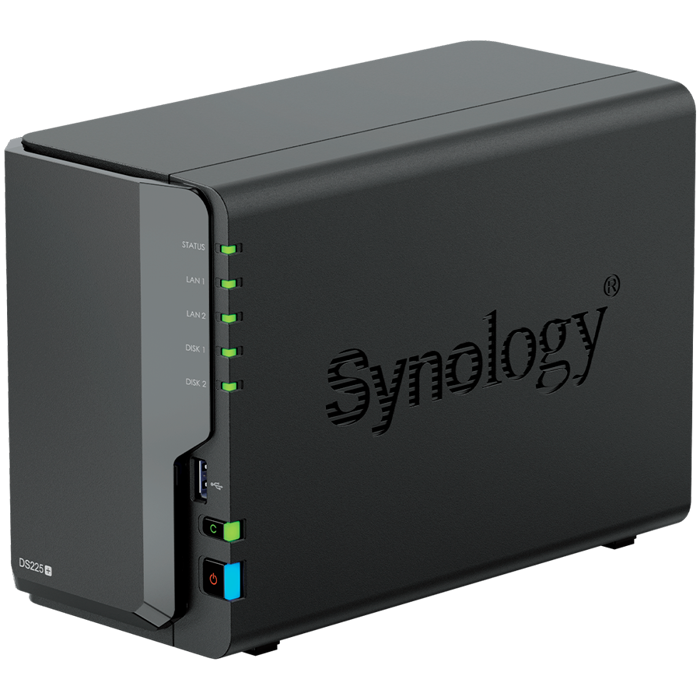Synology DS225+, Tower, 2-bays 3.5 SATA HDD/SSD, CPU Inte Celeron J4125 4-core (4-thread) 2.0 GHz, burst up to 2.7 GHz, 2 GB DDR4 non-ECC (expandable up to 6 GB), 1xRJ-45 1GbE LAN, 1xRJ-45 2.5 GbE L
