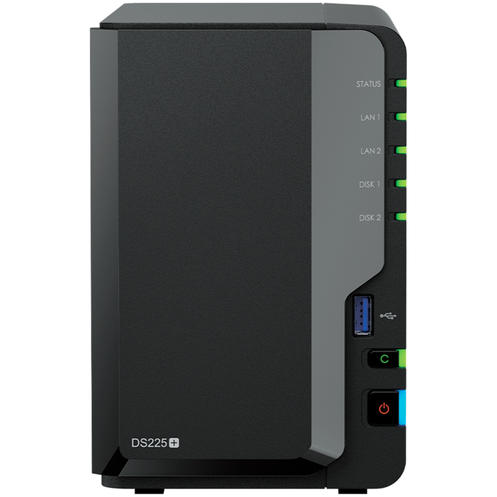 Synology DS225+, Tower, 2-bays 3.5 SATA HDD/SSD, CPU Inte Celeron J4125 4-core (4-thread) 2.0 GHz, burst up to 2.7 GHz, 2 GB DDR4 non-ECC (expandable up to 6 GB), 1xRJ-45 1GbE LAN, 1xRJ-45 2.5 GbE L