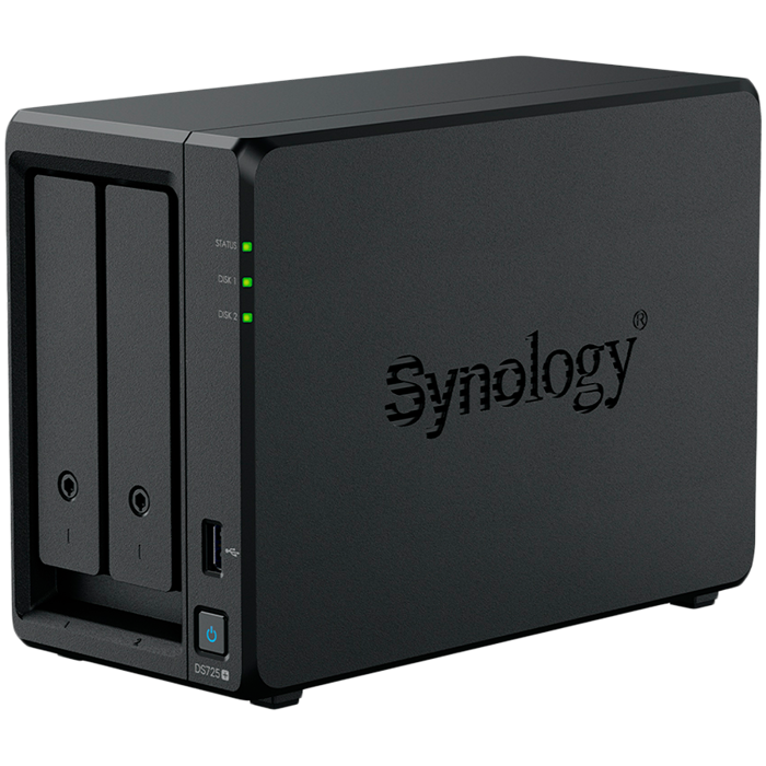Synology DS725+, Tower, 2-Bays 3.5 SATA HDD/SSD, 2 x M.2 2280 NVMe SSD, CPU AMD Ryzen R1600 dual-core (4-thread), max. boost up to 3.1 GHz, 4 GB DDR4 ECC SODIMM, 1 x 2.5 GbE, 1 x 1GbE, 1 x USB 3.2,