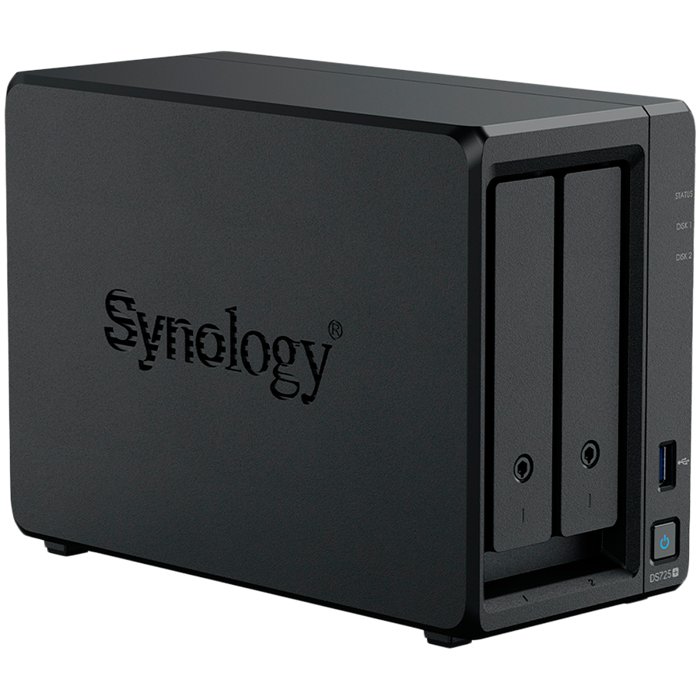 Synology DS725+, Tower, 2-Bays 3.5 SATA HDD/SSD, 2 x M.2 2280 NVMe SSD, CPU AMD Ryzen R1600 dual-core (4-thread), max. boost up to 3.1 GHz, 4 GB DDR4 ECC SODIMM, 1 x 2.5 GbE, 1 x 1GbE, 1 x USB 3.2,