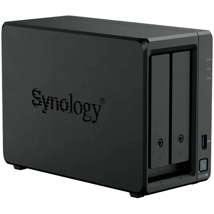 Synology DS725+, Tower, 2-Bays 3.5 SATA HDD/SSD, 2 x M.2 2280 NVMe SSD, CPU AMD Ryzen R1600 dual-core (4-thread), max. boost up to 3.1 GHz, 4 GB DDR4 ECC SODIMM, 1 x 2.5 GbE, 1 x 1GbE, 1 x USB 3.2,