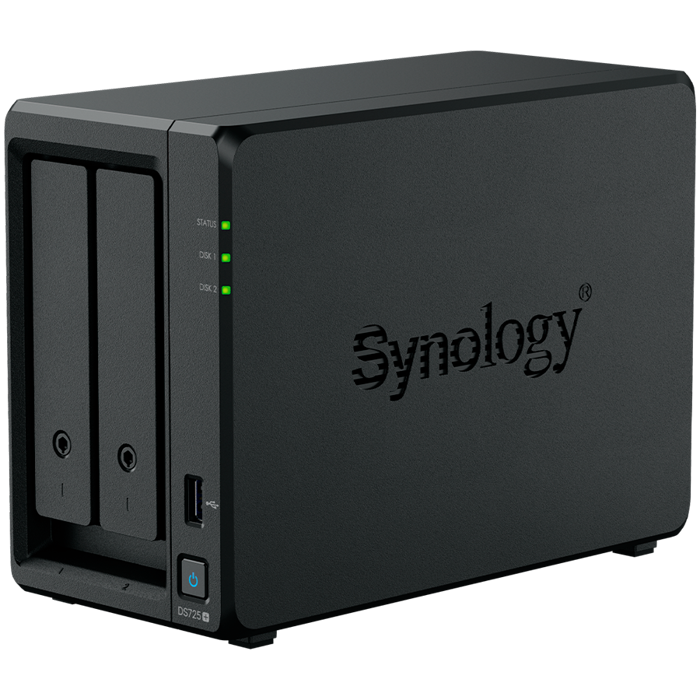 Synology DS725+, Tower, 2-Bays 3.5 SATA HDD/SSD, 2 x M.2 2280 NVMe SSD, CPU AMD Ryzen R1600 dual-core (4-thread), max. boost up to 3.1 GHz, 4 GB DDR4 ECC SODIMM, 1 x 2.5 GbE, 1 x 1GbE, 1 x USB 3.2,