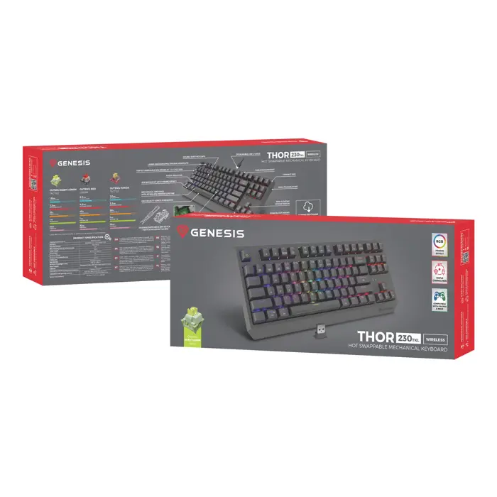 THOR 230 | Mechanical Gaming Keyboard | Wireless | US | Black | 2.4 GHz, Bluetooth, USB | Outemu Silent Lemon