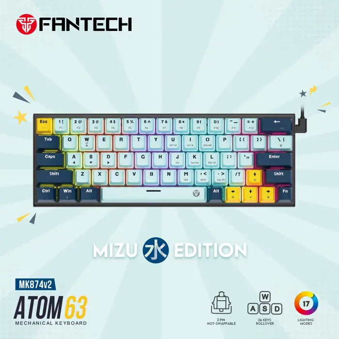 TIPKOVNICA GAMING ŽIČNA MEHANIČKA FANTECH ATOM 63 RED SW. MK874V2 SKY BLUE