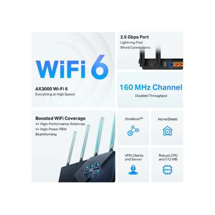 TP-LINK Router Archer AX55 PRO AX3000 Dual Band Gigabit Router Wi-Fi 6, 2.5G Port
