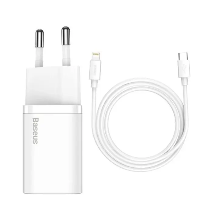 Kućni Punjač BASEUS Super Si Quick Charger 20W, USB-C, Kabel USB-C-Lightning, White, TZCCSUP-B02