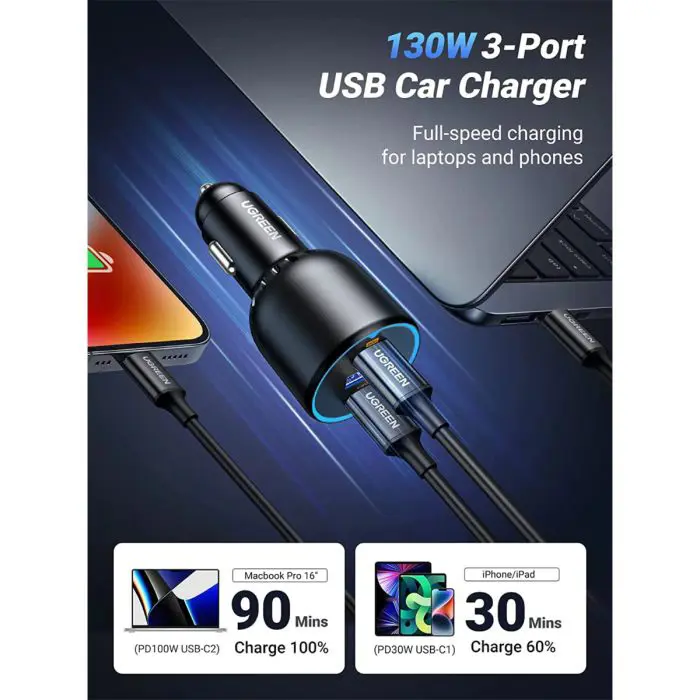 Ugreen 130W avtopolnilec z 1M USB-C kablom